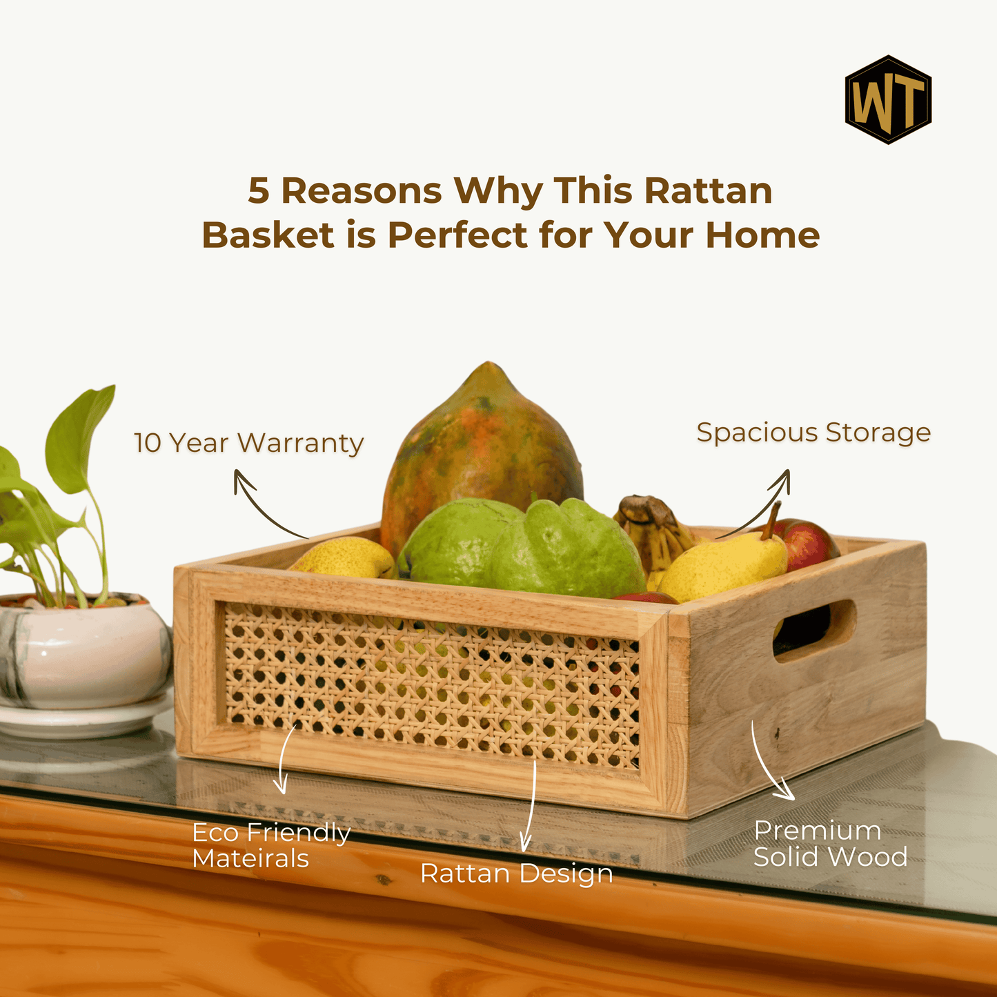 Solid Wood and Rattan Wicker Storage Basket
