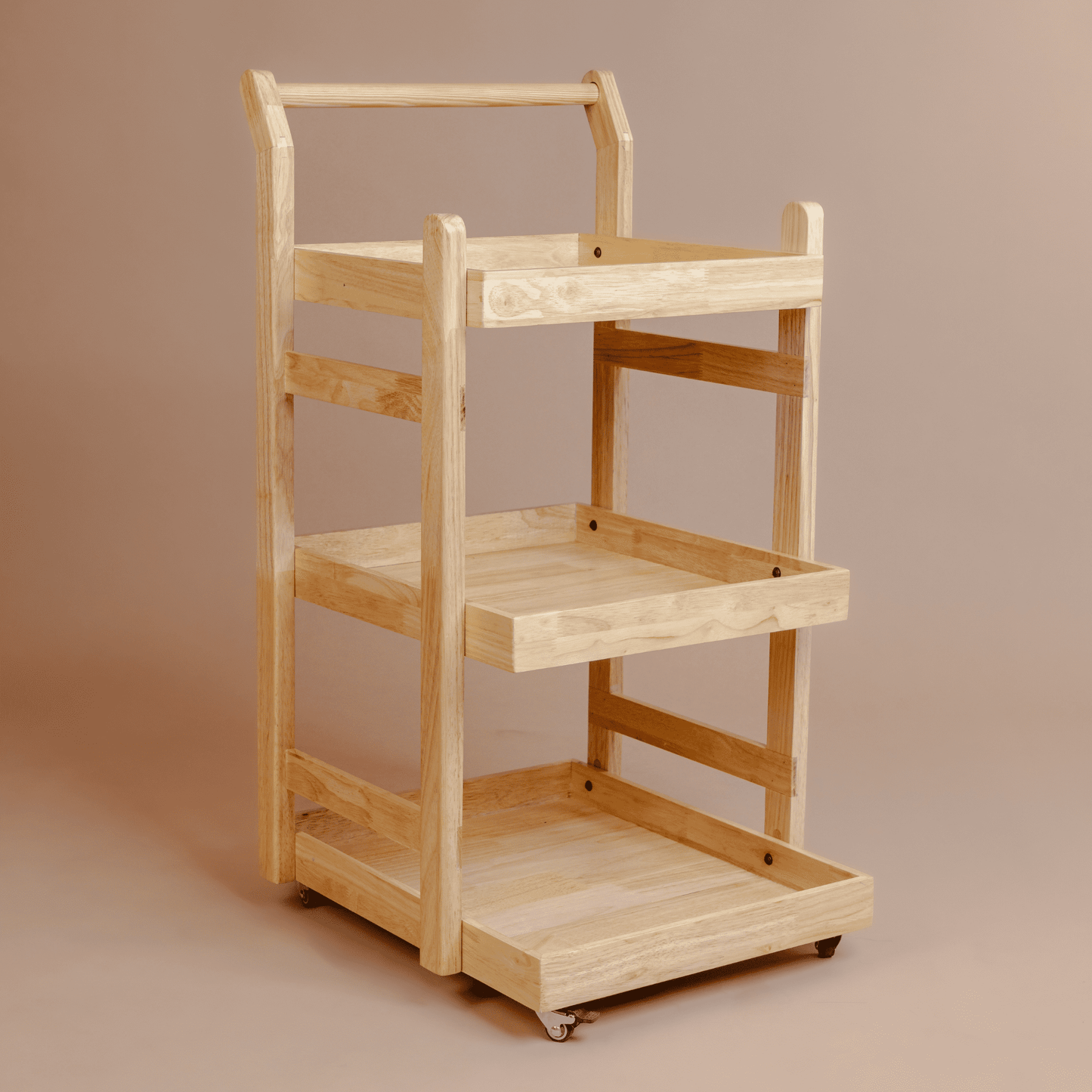 Solid Wood Rolling Utility Trolley: 3-Level Wooden Serving Trolley for Kitchen Organization - Natural Finish - Wood Trendz  