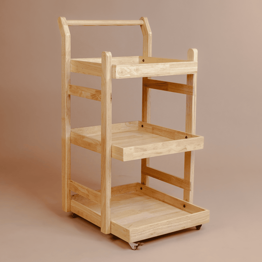 Solid Wood Rolling Utility Trolley: 3-Level Wooden Serving Trolley for Kitchen Organization - Natural Finish - Wood Trendz  