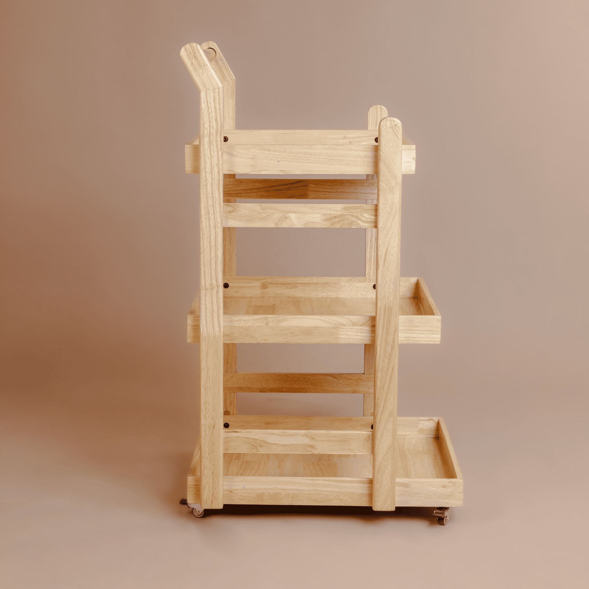 Solid Wood Rolling Utility Trolley: 3-Level Wooden Serving Trolley for Kitchen Organization - Natural Finish - Wood Trendz  