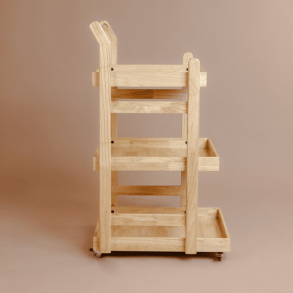 Solid Wood Rolling Utility Trolley: 3-Level Wooden Serving Trolley for Kitchen Organization - Natural Finish - Wood Trendz  