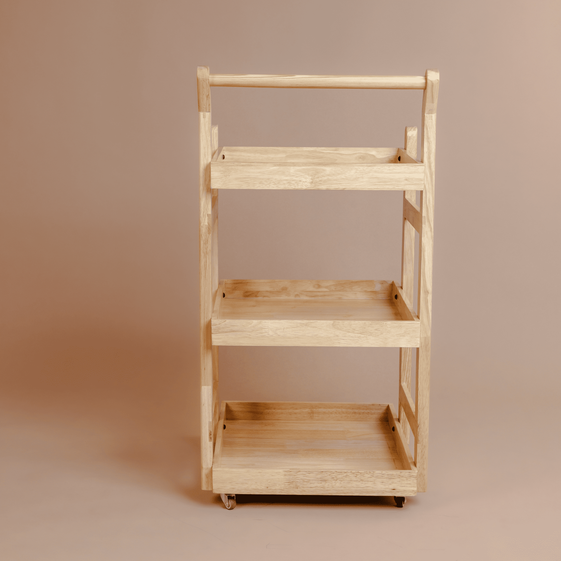 Solid Wood Rolling Utility Trolley: 3-Level Wooden Serving Trolley for Kitchen Organization - Natural Finish - Wood Trendz  