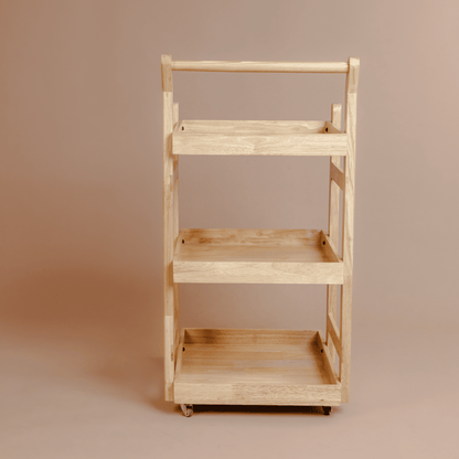 Solid Wood Rolling Utility Trolley: 3-Level Wooden Serving Trolley for Kitchen Organization - Natural Finish - Wood Trendz  