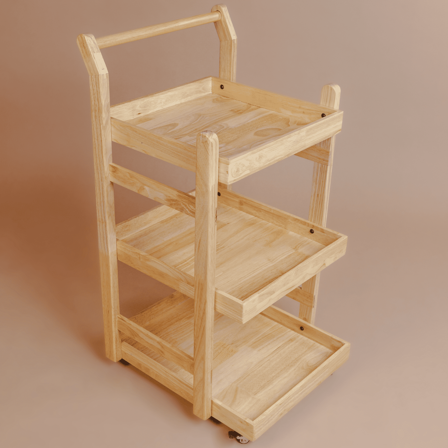 Solid Wood Rolling Utility Trolley: 3-Level Wooden Serving Trolley for Kitchen Organization - Natural Finish - Wood Trendz  