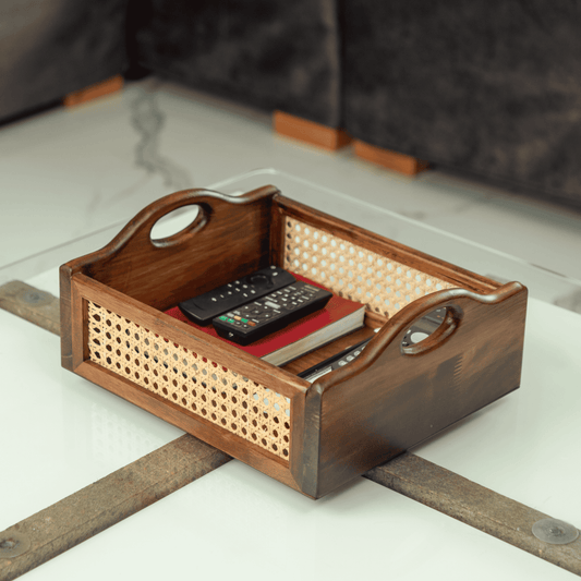 Solid Wood and Rattan Wicker Storage Basket with Round Handle - Walnut