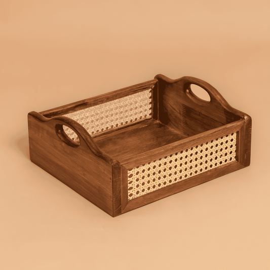Solid Wood and Rattan Wicker Storage Basket with Round Handle - Walnut