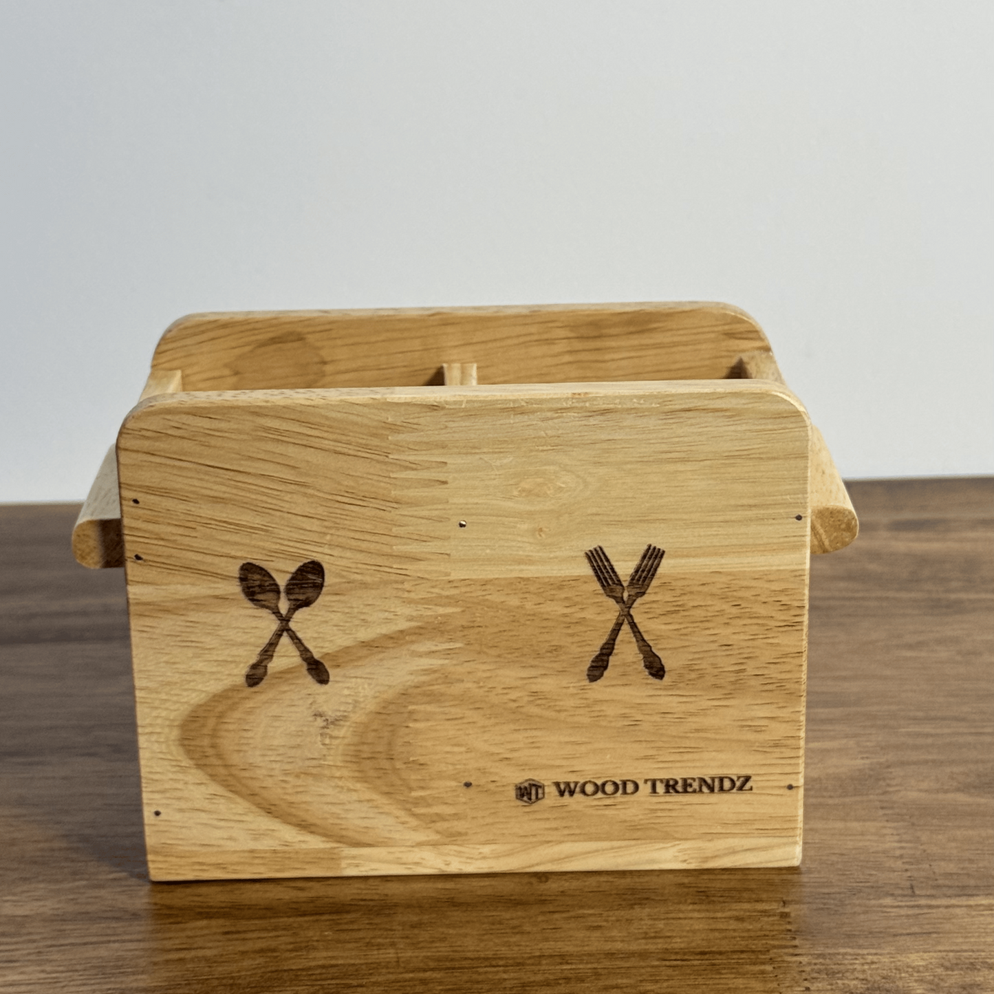 Wooden Cutlery Holder – Solid Rubberwood 2-Compartment Organizer