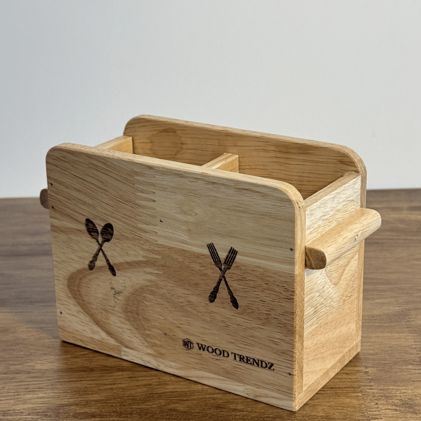 Wooden Cutlery Holder – Solid Rubberwood 2-Compartment Organizer