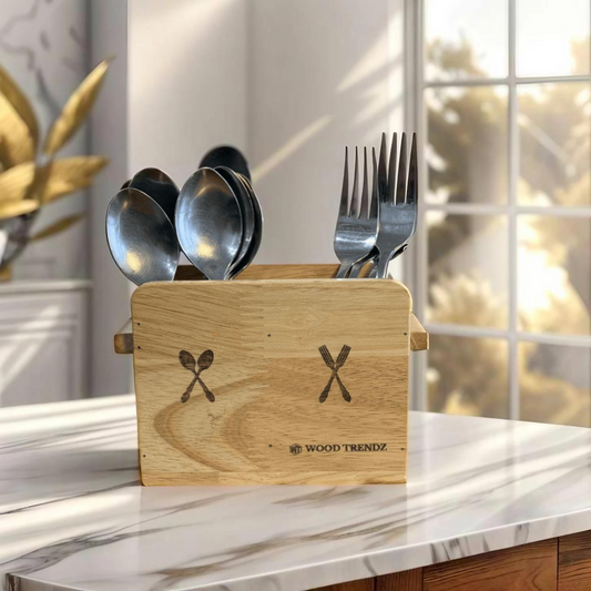 Wooden Cutlery Holder – Solid Rubberwood 2-Compartment Organizer