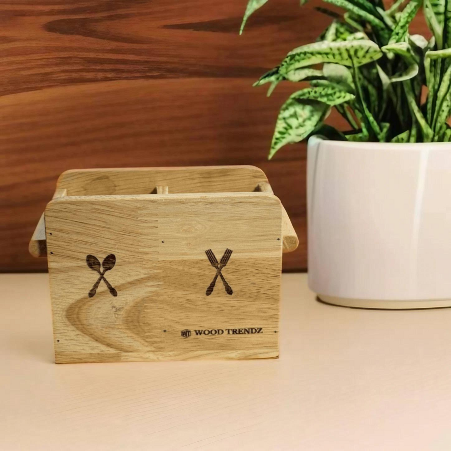 Wooden Cutlery Holder – Solid Rubberwood 2-Compartment Organizer