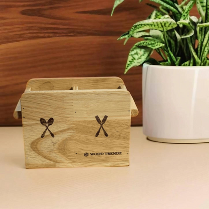 Wooden Cutlery Holder – Solid Rubberwood 2-Compartment Organizer