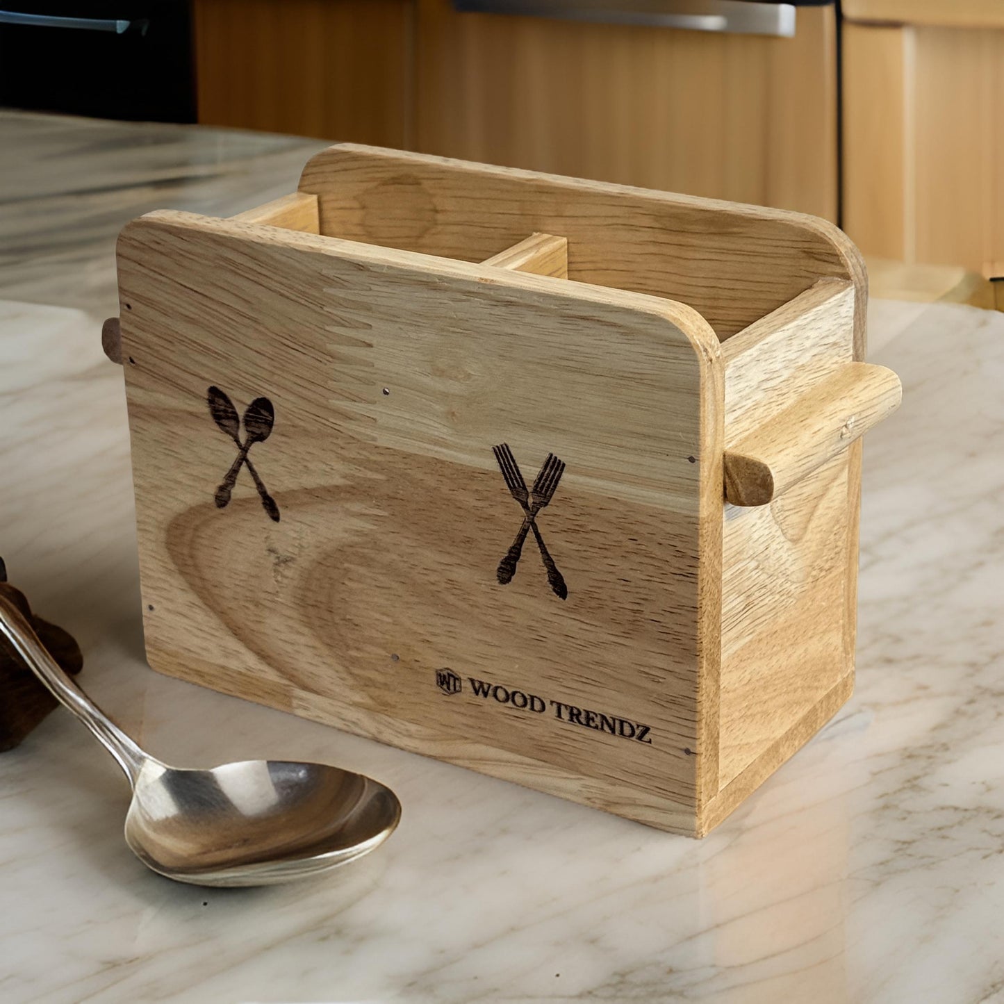 Wooden Cutlery Holder – Solid Rubberwood 2-Compartment Organizer