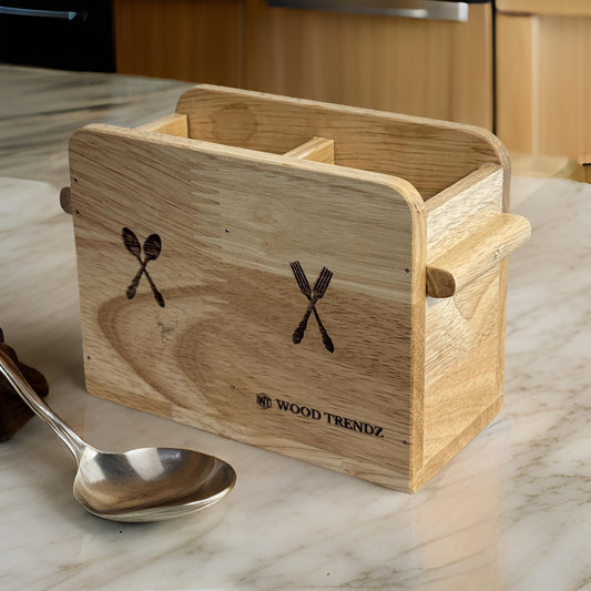 Wooden Cutlery Holder – Solid Rubberwood 2-Compartment Organizer