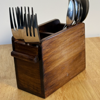 Wooden Cutlery Holder – Solid Rubberwood 2-Compartment Organizer