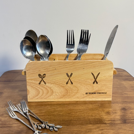 Wooden Cutlery Holder – 3-Compartment Solid Rubberwood Organizer