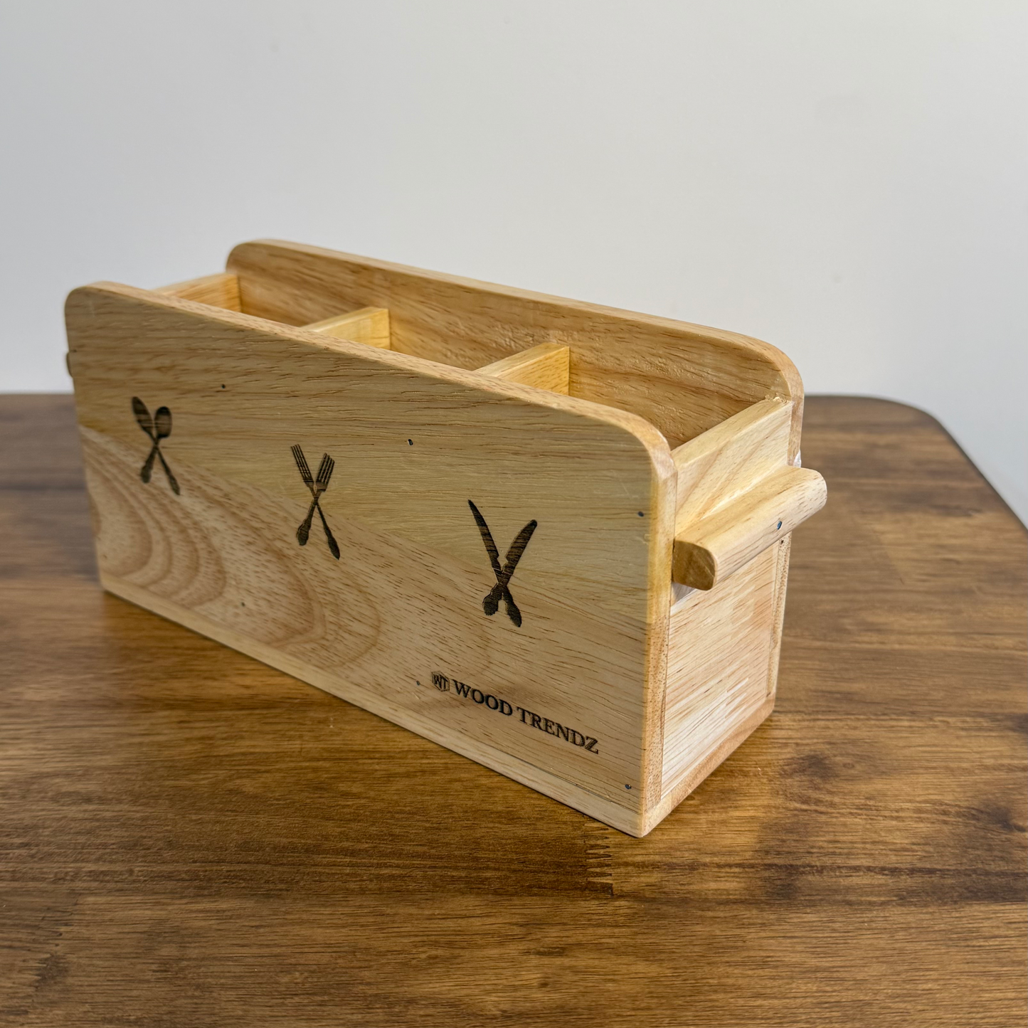Wooden Cutlery Holder – 3-Compartment Solid Rubberwood Organizer