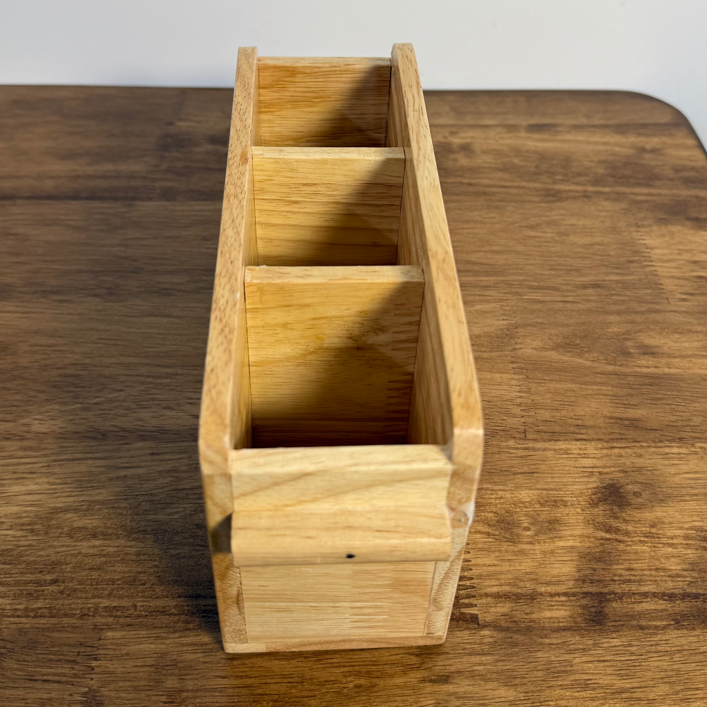 Wooden Cutlery Holder – 3-Compartment Solid Rubberwood Organizer