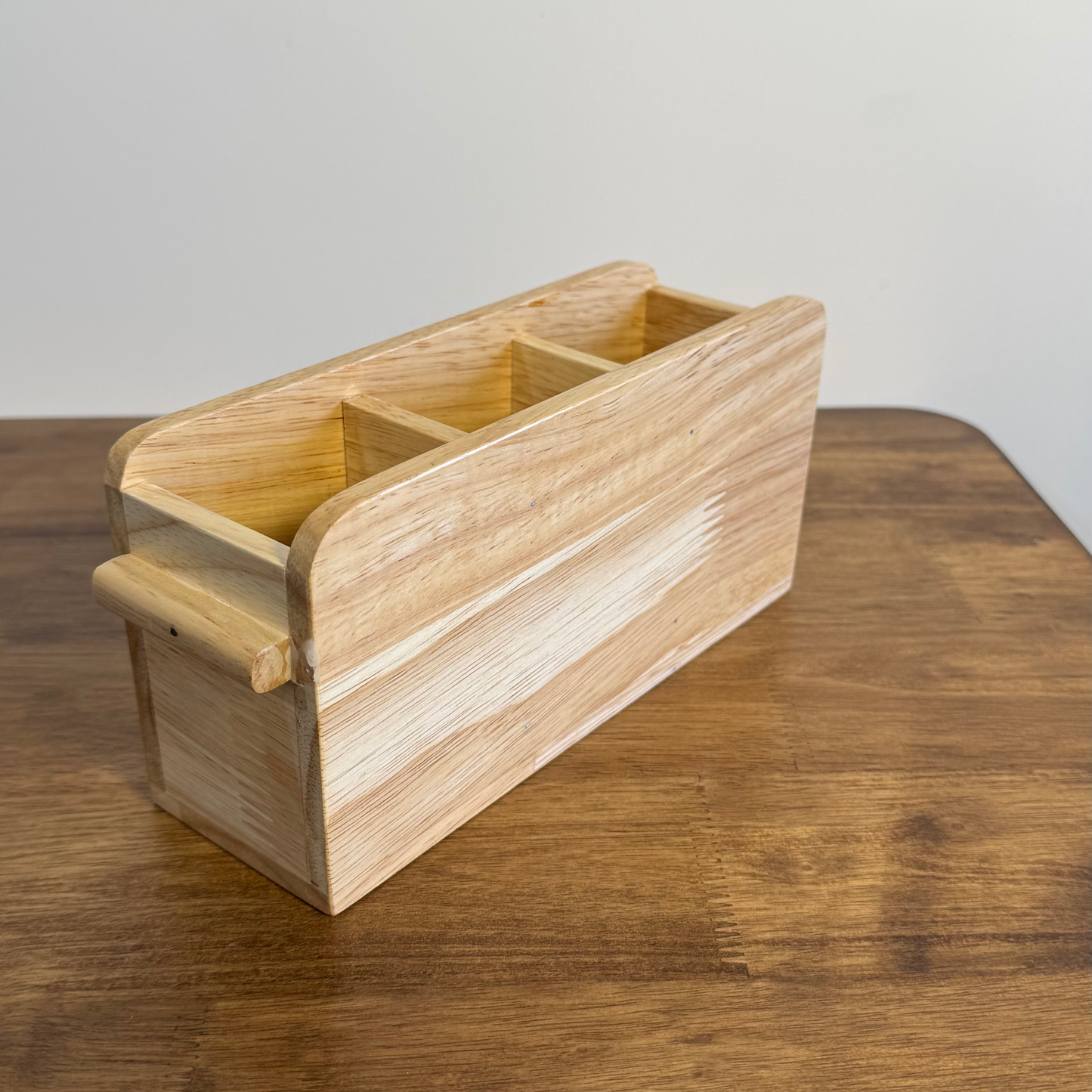 Wooden Cutlery Holder – 3-Compartment Solid Rubberwood Organizer