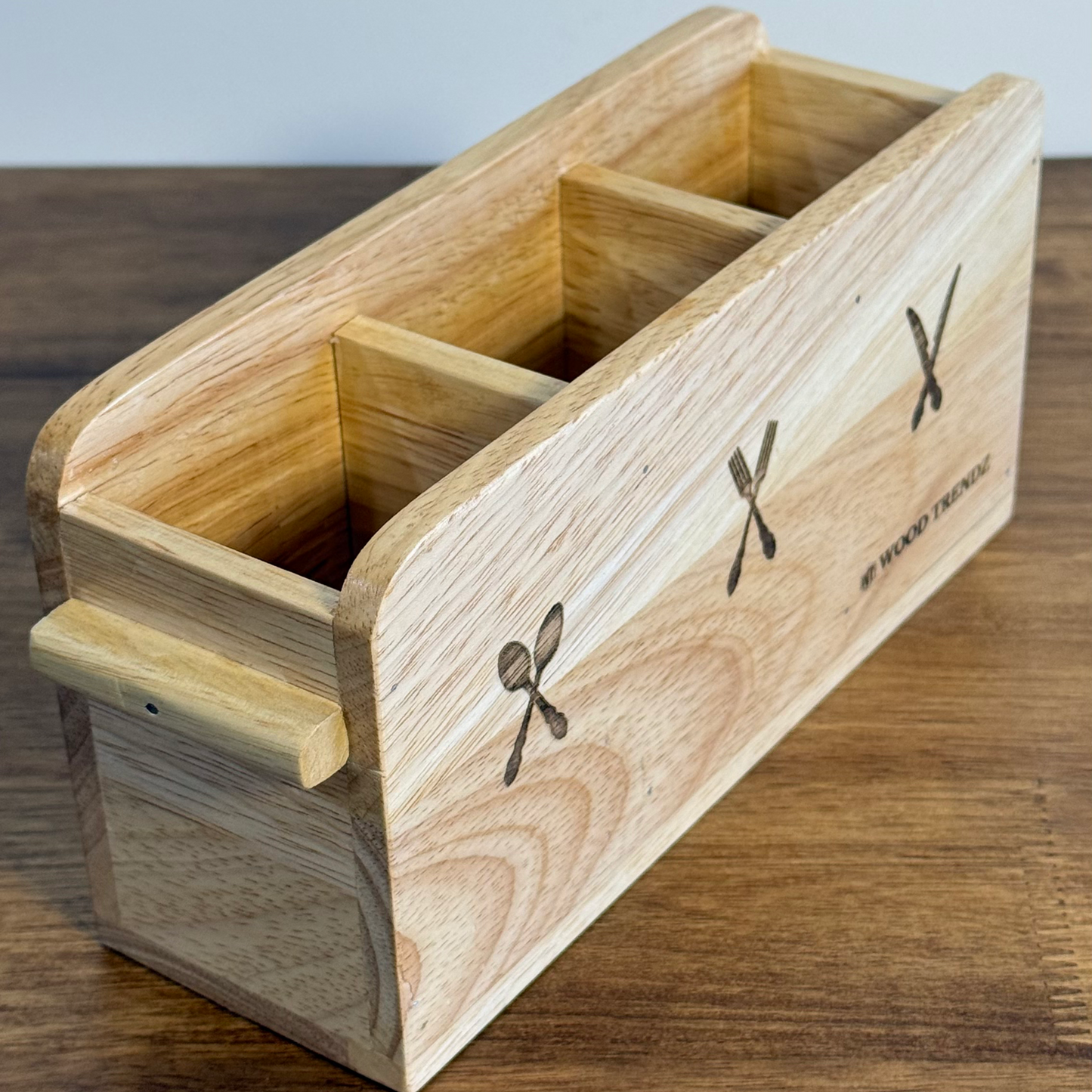 Wooden Cutlery Holder – 3-Compartment Solid Rubberwood Organizer