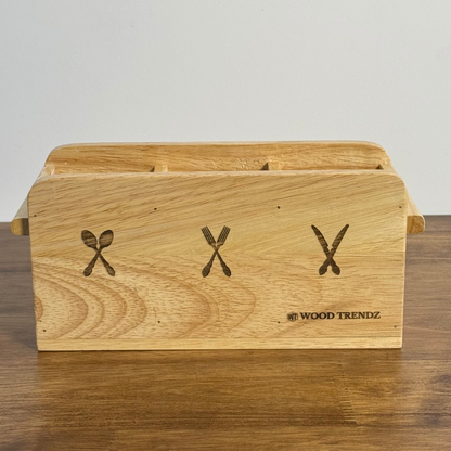 Wooden Cutlery Holder – 3-Compartment Solid Rubberwood Organizer
