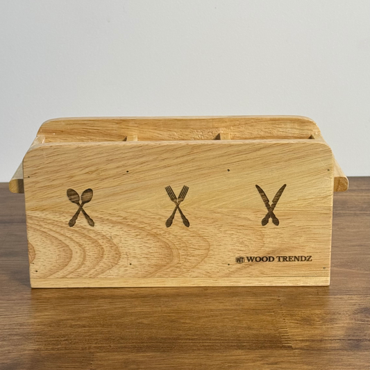 Wooden Cutlery Holder – 3-Compartment Solid Rubberwood Organizer