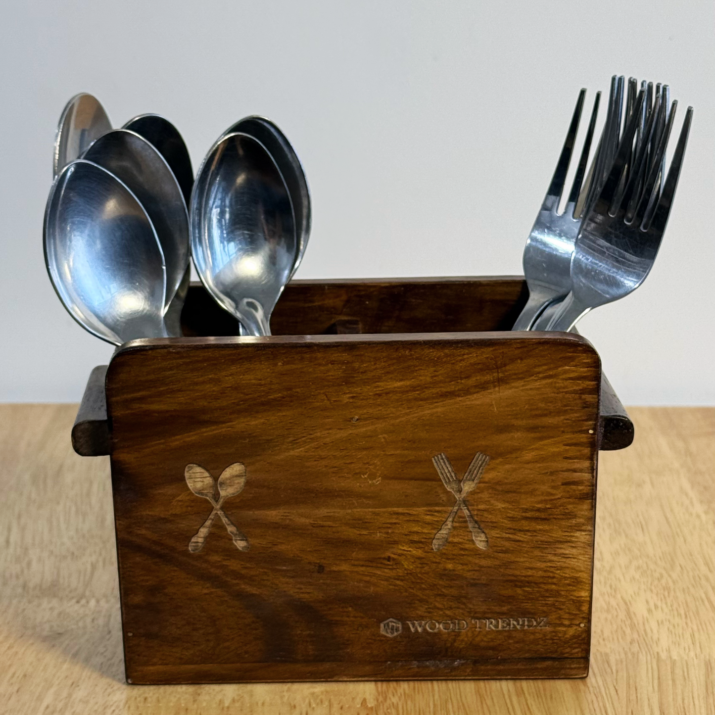 Wooden Cutlery Holder – Solid Rubberwood 2-Compartment Organizer