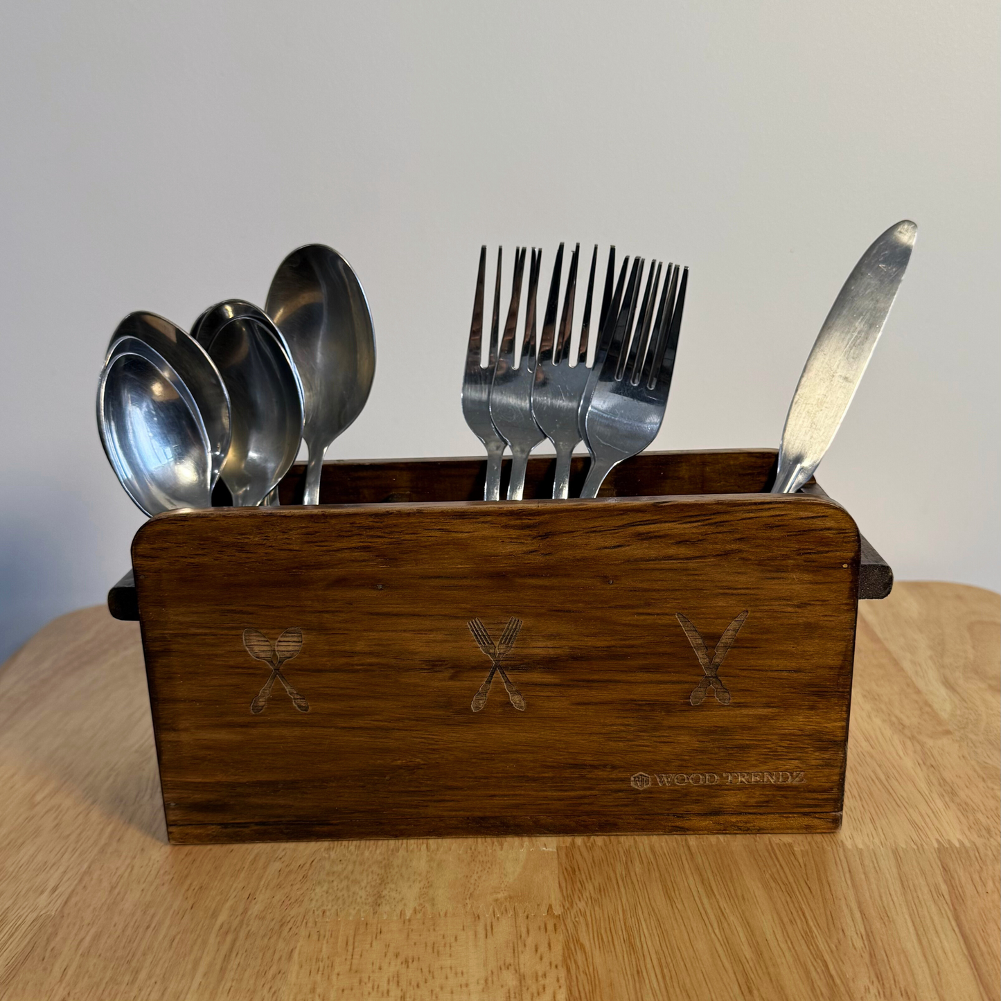 Wooden Cutlery Holder – 3-Compartment Solid Rubberwood Organizer