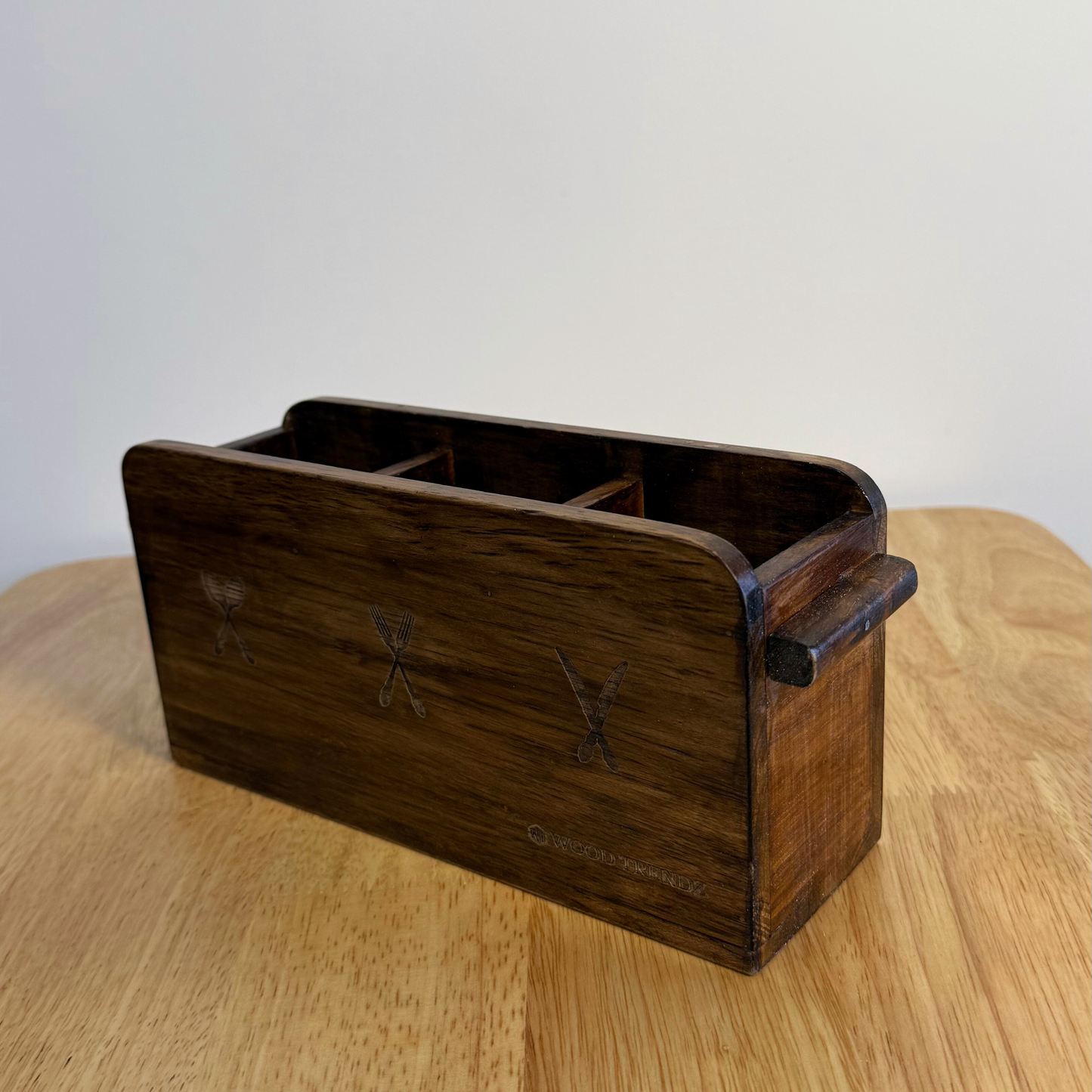 Wooden Cutlery Holder – 3-Compartment Solid Rubberwood Organizer