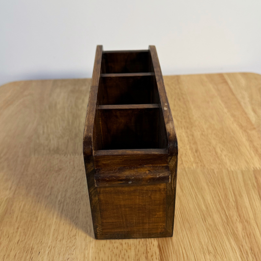 Wooden Cutlery Holder – 3-Compartment Solid Rubberwood Organizer