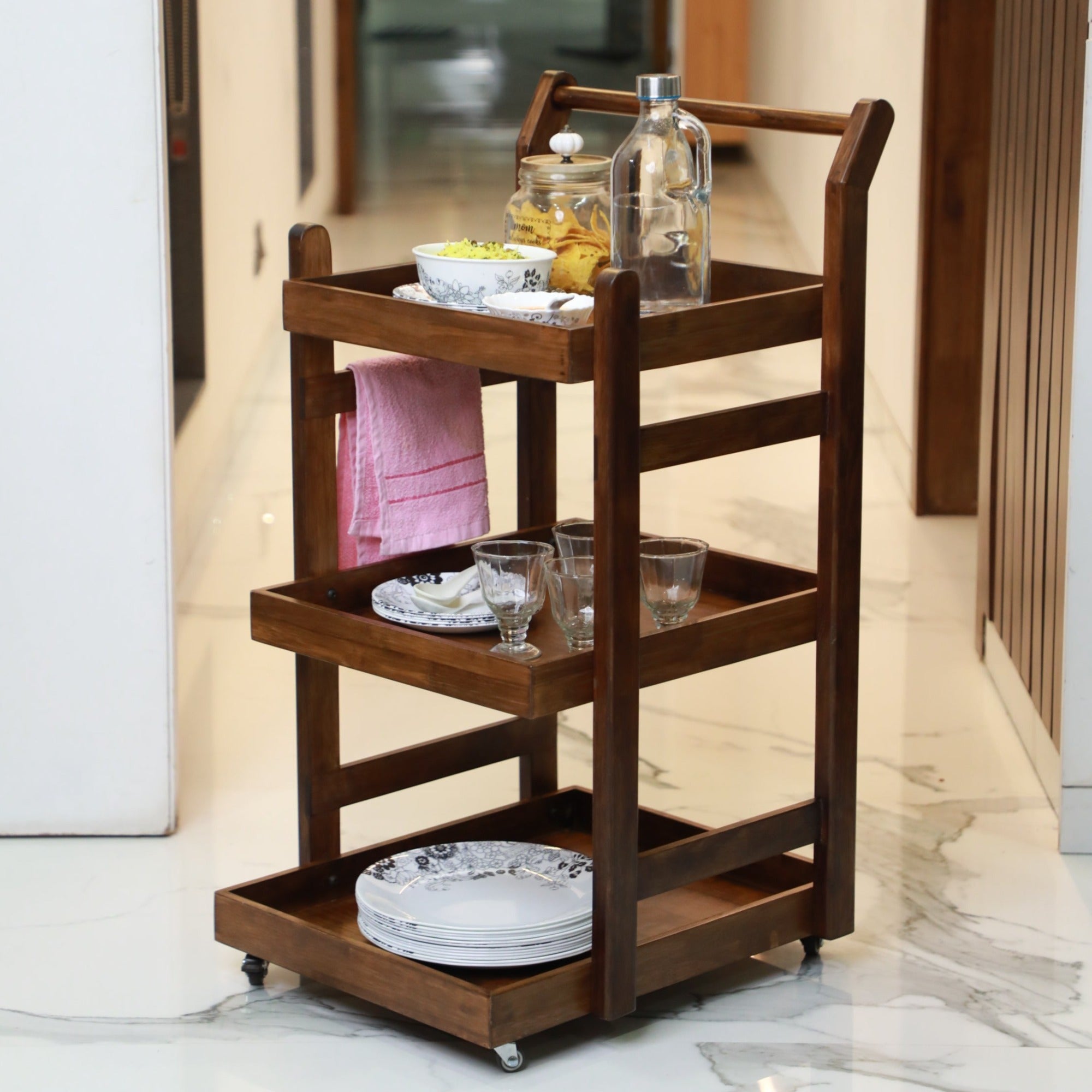 Three Level Trolley Serving Trolley Wooden - Solid Wood 3-Level Utility Trolley