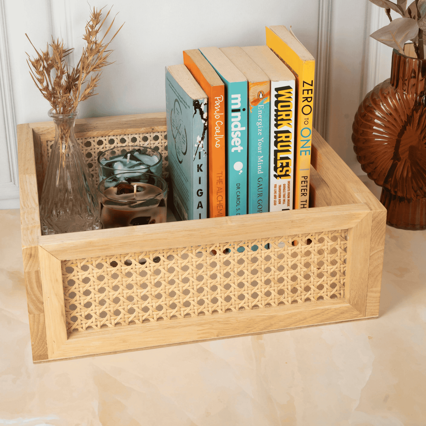 Solid Wood and Rattan Wicker Storage Basket