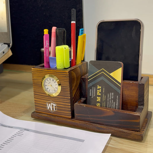 Wooden Pen Stand – Multi-Functional Desk Organizer with Phone & Card Holder